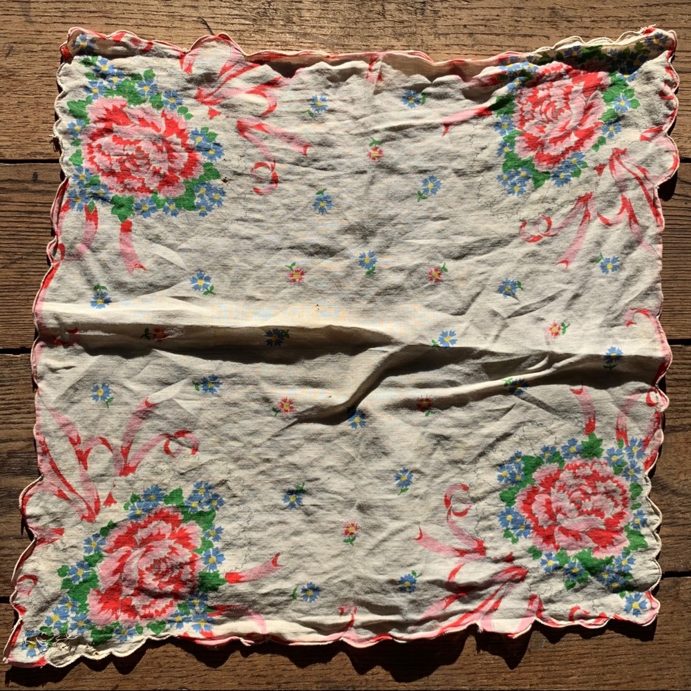 Vintage Rose Bouquet Scalloped Cotton Handkerchief